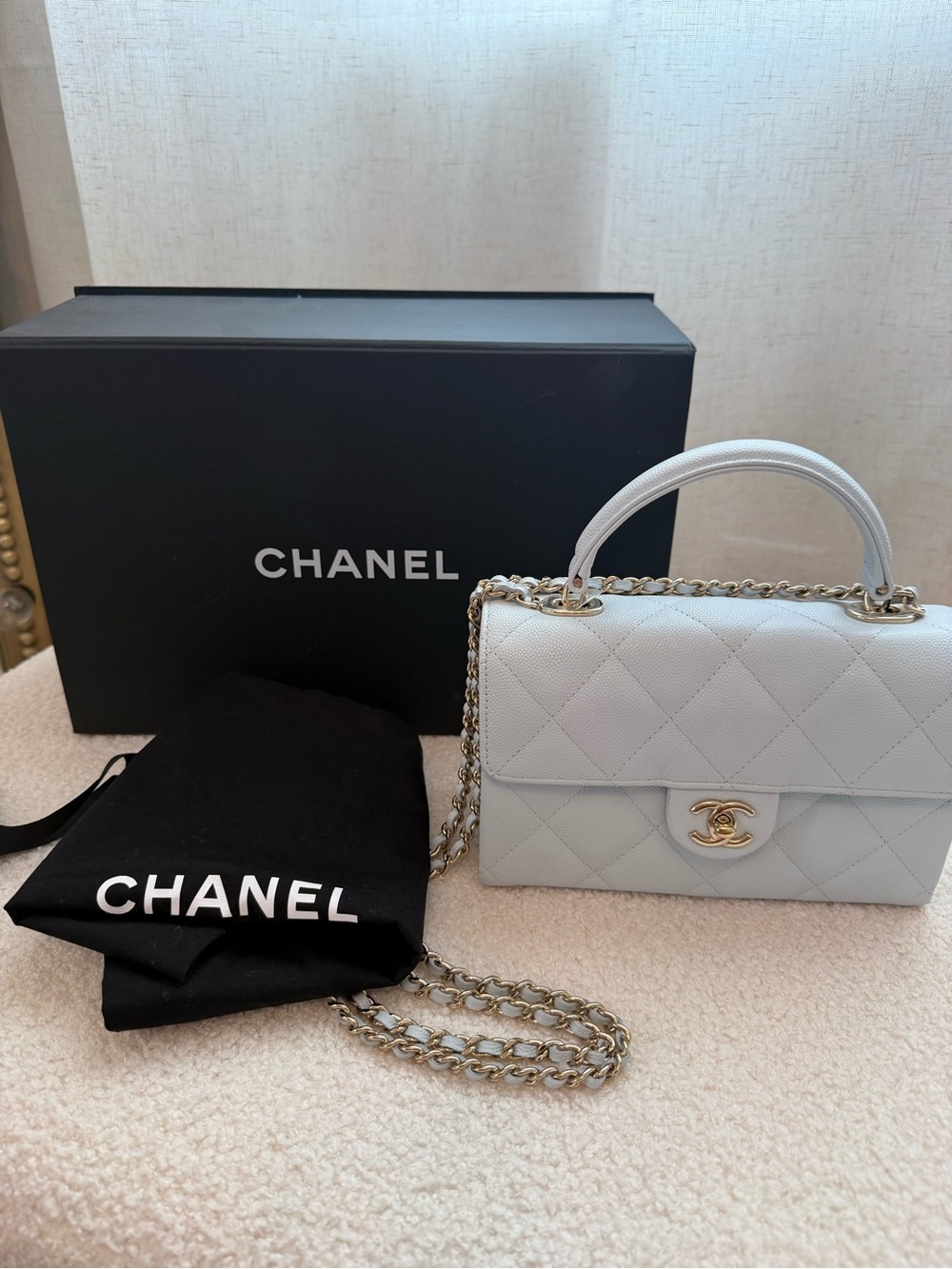 CHANEL Mini Quilted Top Handle Bag in Light Gray BRAND NEW